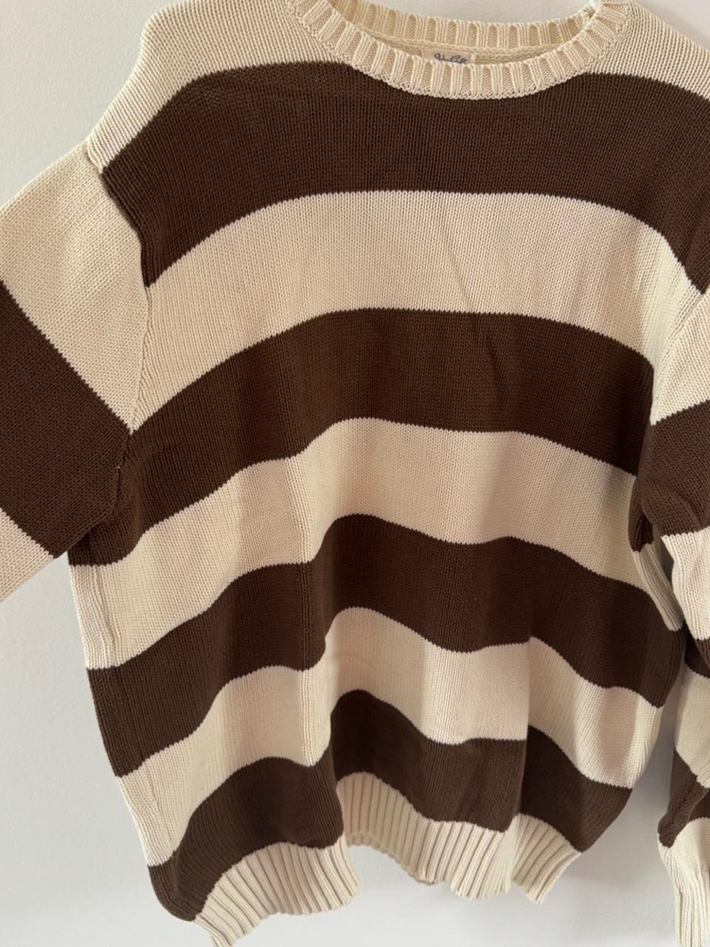Brandy Melville Brown and Cream Striped Crewneck Sweater